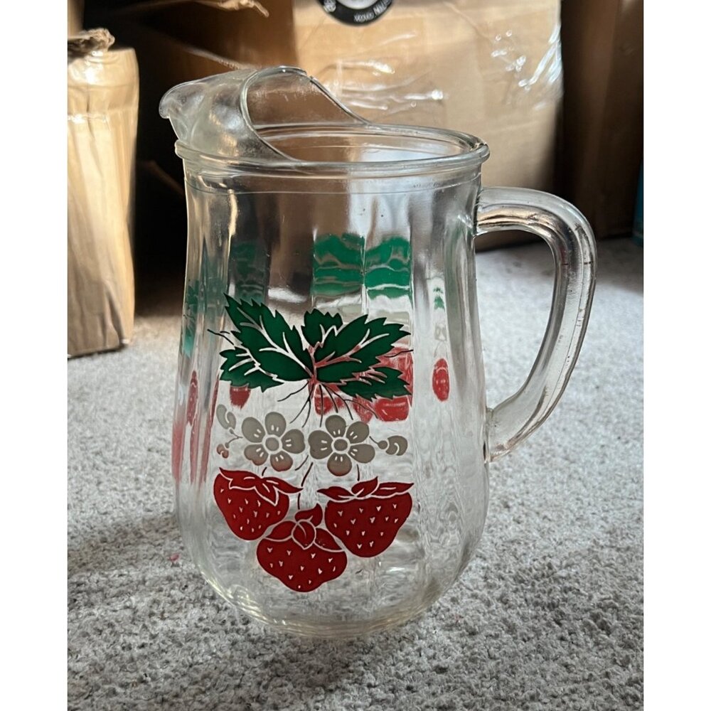 Vintage Glass Pitcher With Strawberry & Floral Design Clear Handle Scalloped Bas